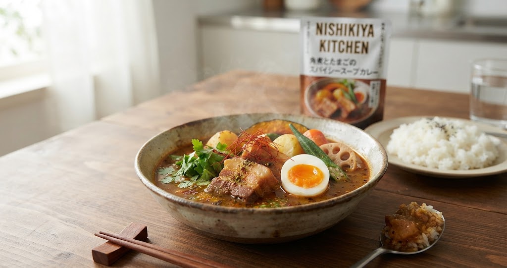 サタプラのひたすら試してランキングレトルトポークカレーの1位はニシキヤキッチン！角煮とたまごのスパイシースープカレー！