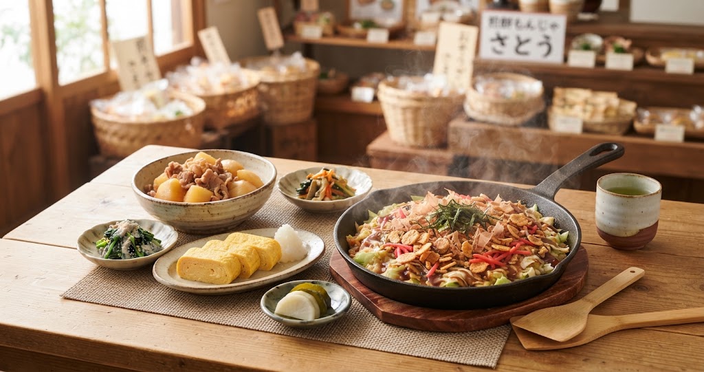 オモウマい店で流しそうめんもんじゃの店「おそうざいと煎餅もんじゃ さとう」東京・渋谷を紹介!
