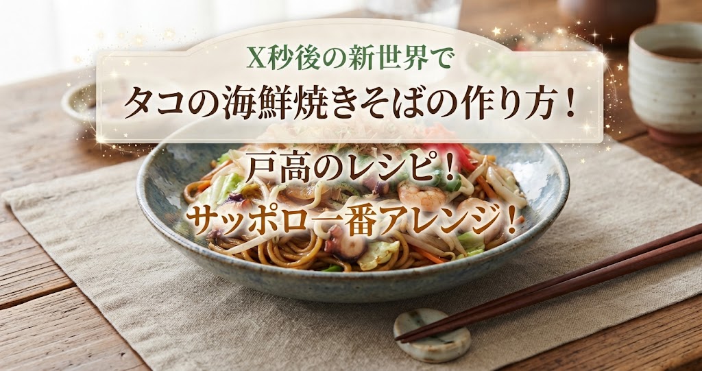 X秒後の新世界でタコの海鮮焼きそばの作り方!戸高のレシピ!サッポロ一番アレンジ!