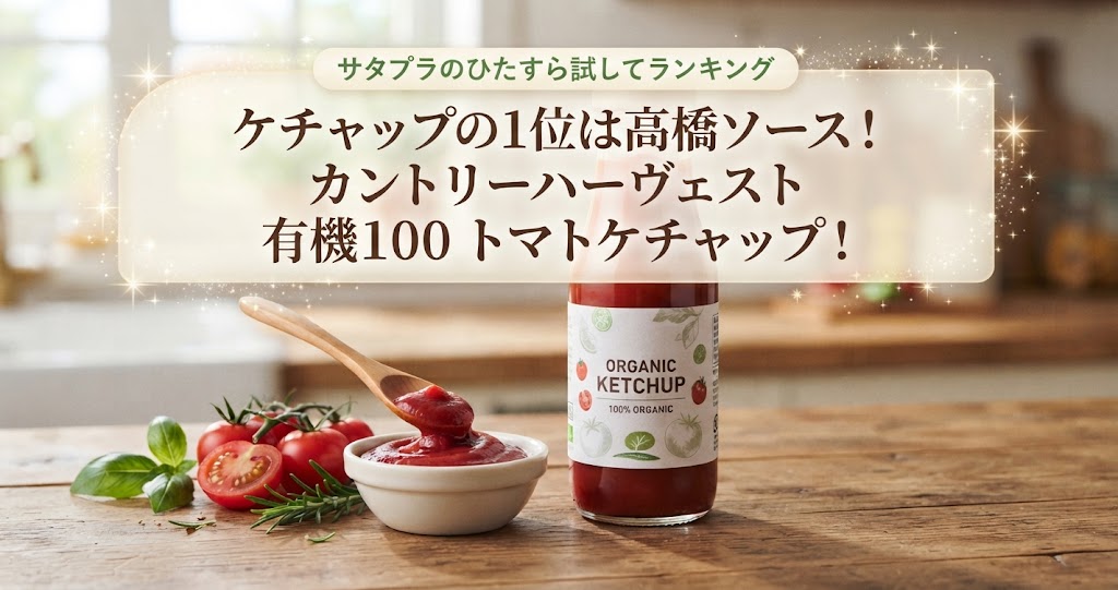 サタプラのひたすら試してランキングケチャップの1位は高橋ソース！カントリーハーヴェスト 有機100 トマトケチャップ！