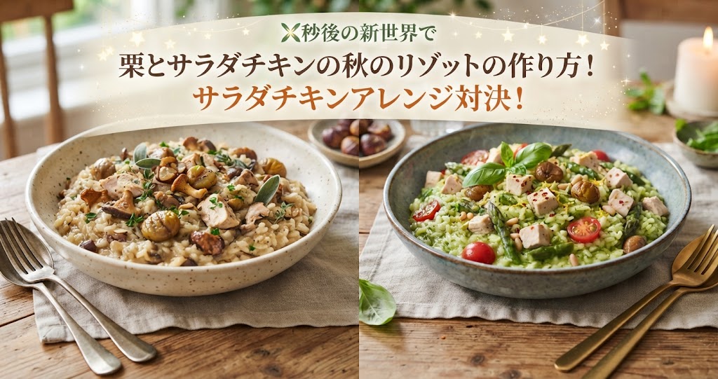 X秒後の新世界で栗とサラダチキンの秋のリゾットの作り方！サラダチキンアレンジ対決！