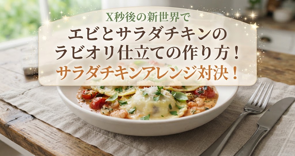 X秒後の新世界でエビとサラダチキンのラビオリ仕立ての作り方！サラダチキンアレンジ対決！