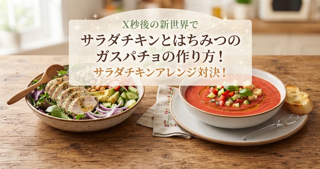 X秒後の新世界でサラダチキンとはちみつのガスパチョの作り方！サラダチキンアレンジ対決！