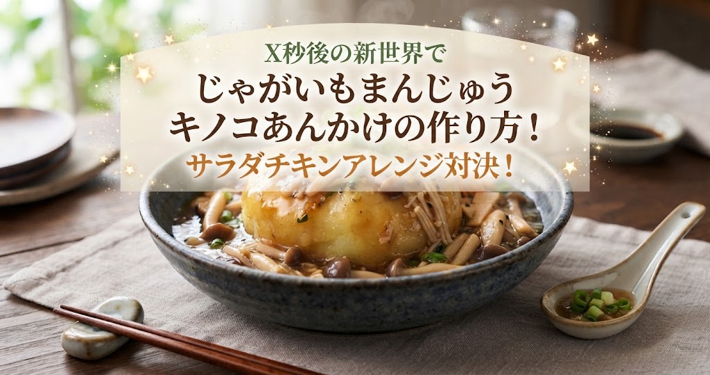 X秒後の新世界でじゃがいもまんじゅうキノコあんかけの作り方！サラダチキンアレンジ対決！