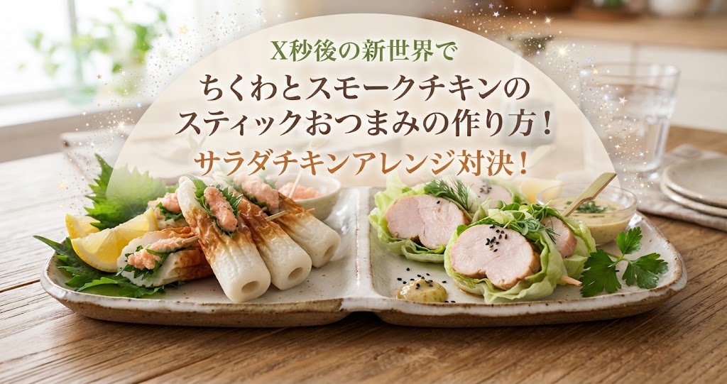 X秒後の新世界でちくわとスモークチキンのスティックおつまみの作り方！サラダチキンアレンジ対決！