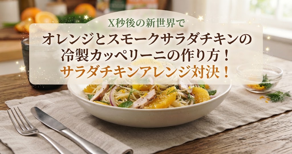 X秒後の新世界でオレンジとスモークサラダチキンの冷製カッペリーニの作り方！サラダチキンアレンジ対決！