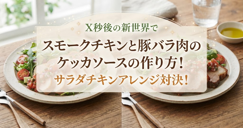 X秒後の新世界でスモークチキンと豚バラ肉のケッカソースの作り方！サラダチキンアレンジ対決！